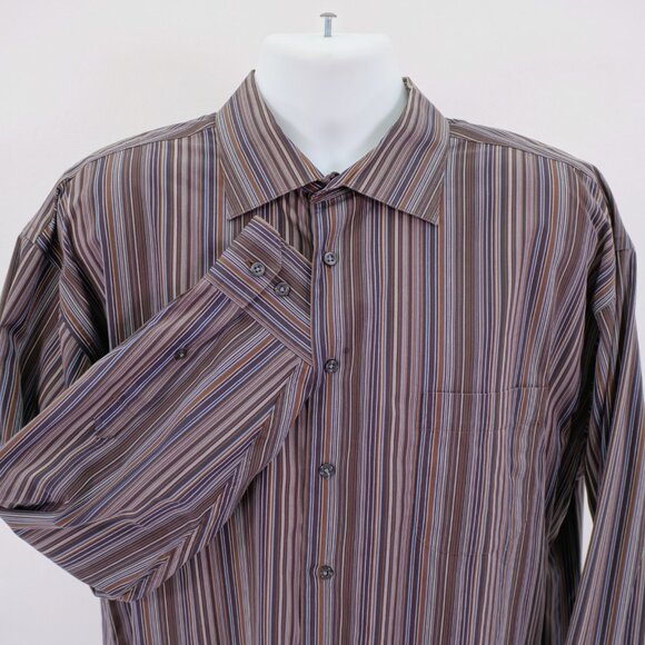 Pronto Uomo XXL Non Iron‎ Brown Blue Striped Pocket Front Collared Dress Shirt - Picture 1 of 11